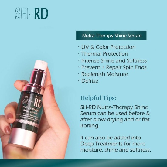 SH-RD Nutra-Therapy Shine Serum. Defrizz. UV + Thermal & Color Protection. Intense Shine and Softness. Prevent + Repair Split Ends. Replenish Moisture