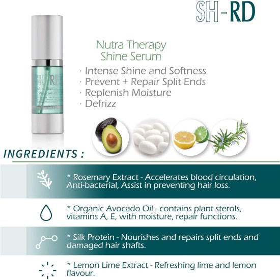 SH-RD Nutra-Therapy Shine Serum. Defrizz. UV + Thermal & Color Protection. Intense Shine and Softness. Prevent + Repair Split Ends. Replenish Moisture