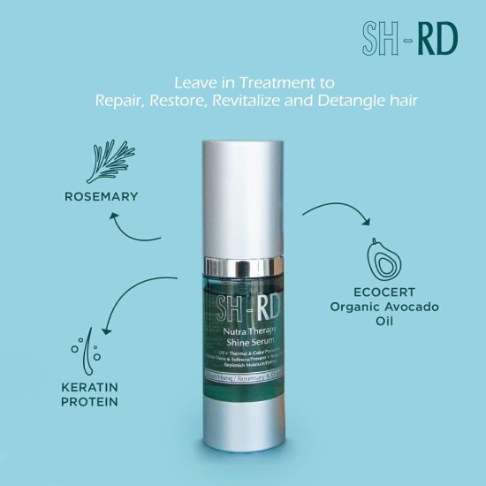 SH-RD Nutra-Therapy Shine Serum. Defrizz. UV + Thermal & Color Protection. Intense Shine and Softness. Prevent + Repair Split Ends. Replenish Moisture